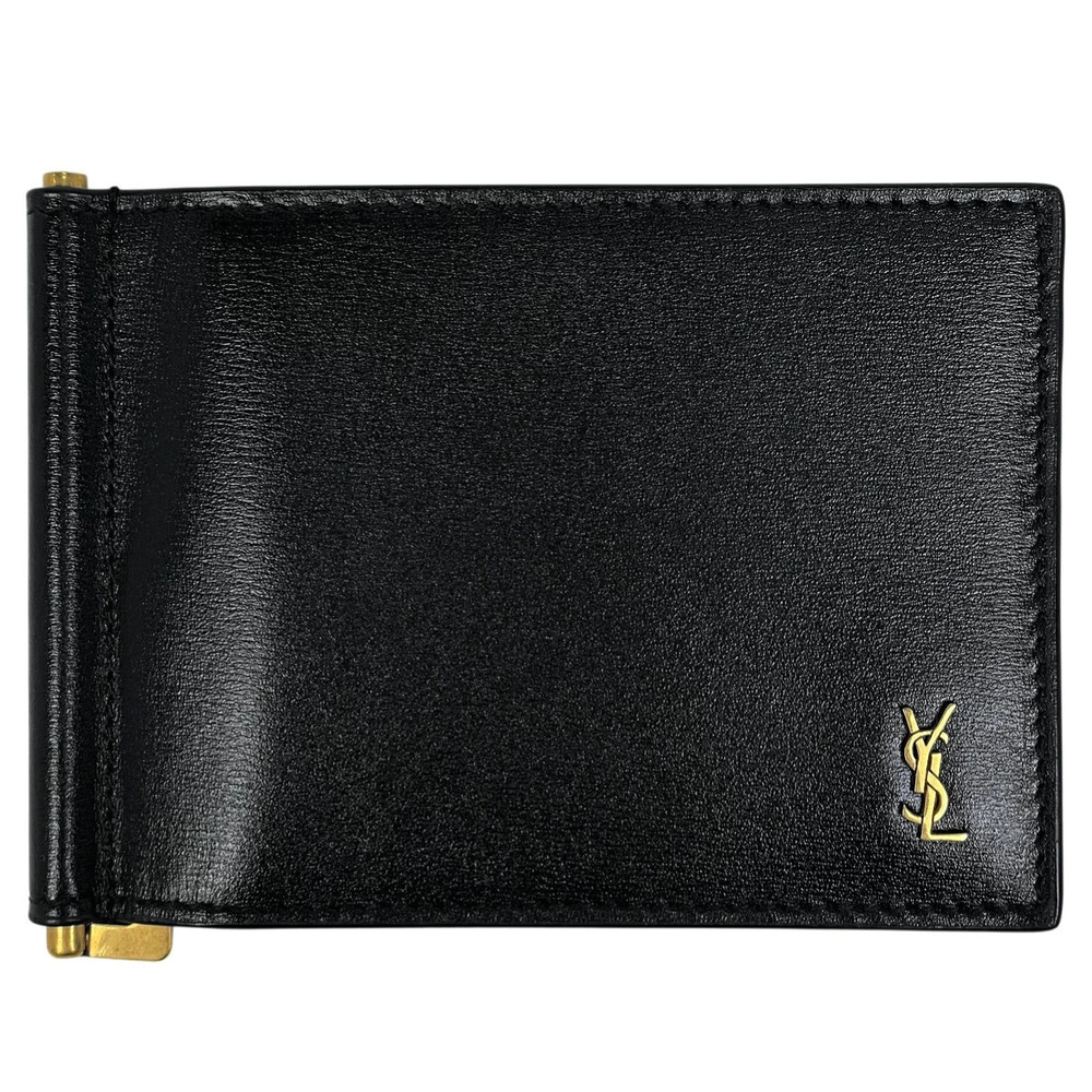 Saint Laurent Cassandra Bill Clip Wallet Short Money Shiny Bi fold Leather Black